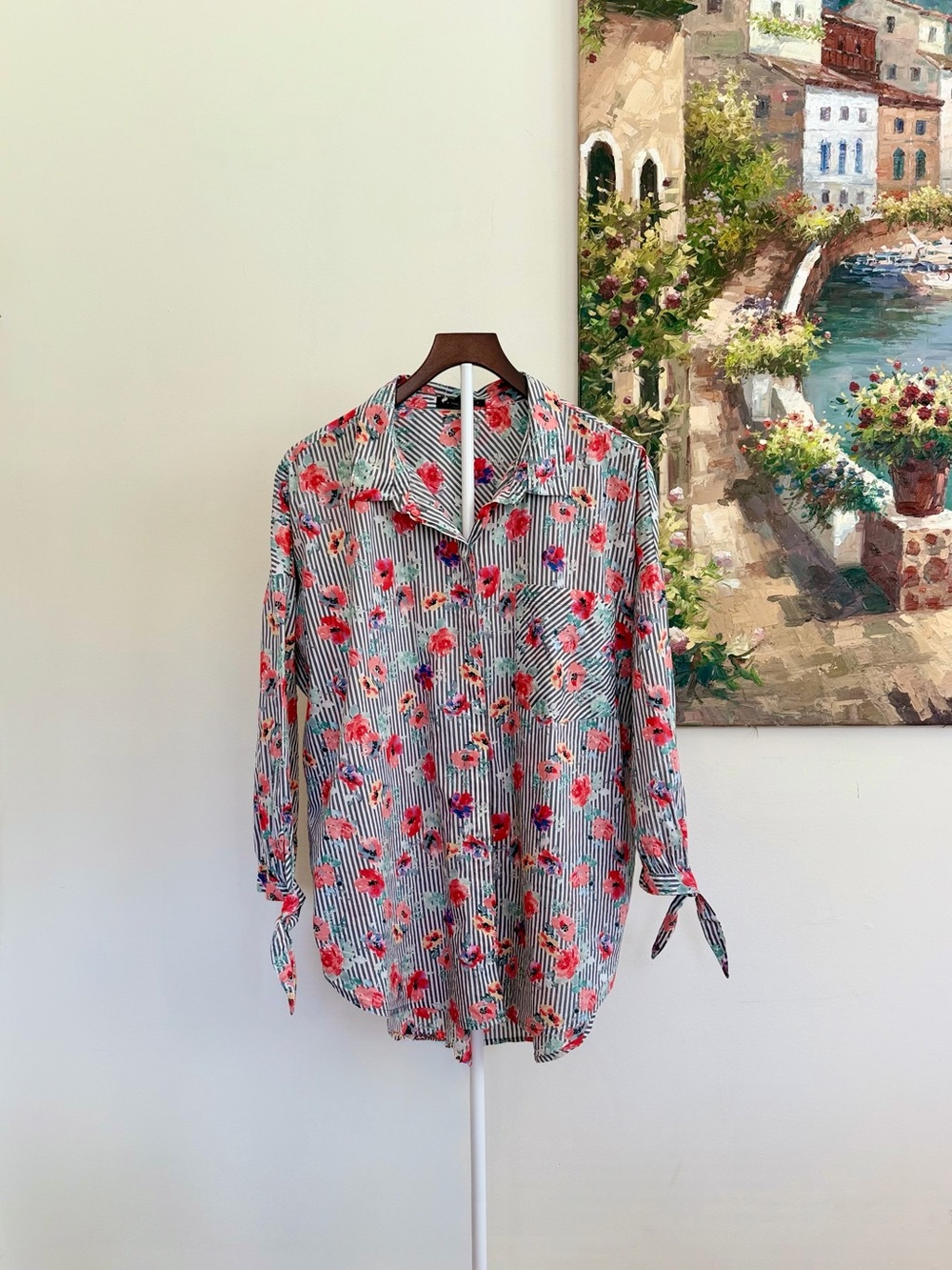 Sanctuary Floral Striped Button Down Shirt Tie Cuff Sleeves Women’s Size XL